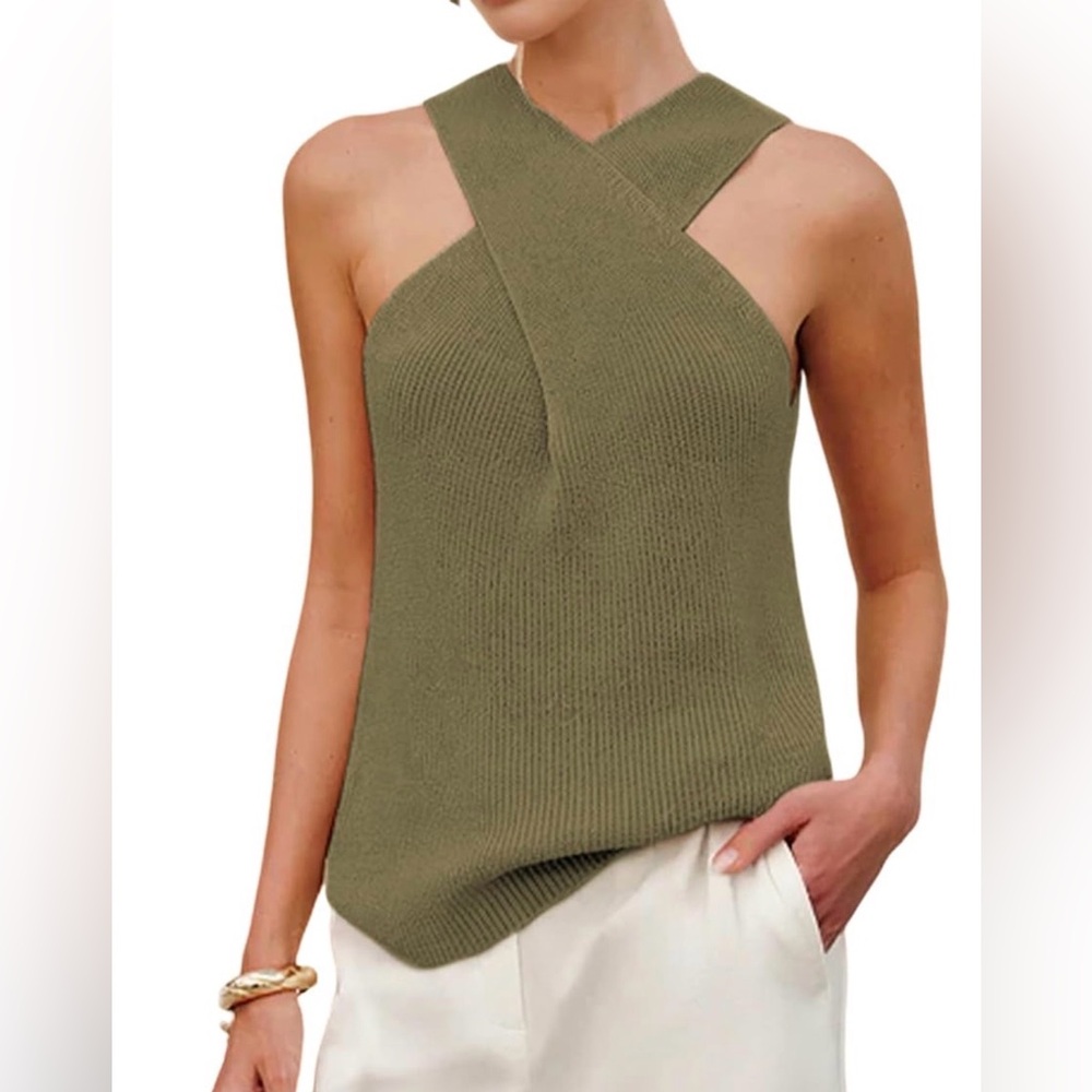 Olive Cross-Neck Knit Tank Top